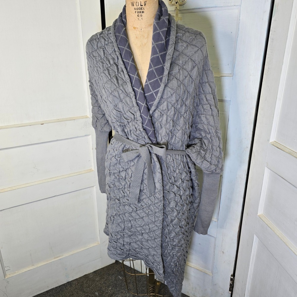 Bellissima Fashions Gray‎ Textured Knit Shawl Collar Duster Cardigan Sweater S